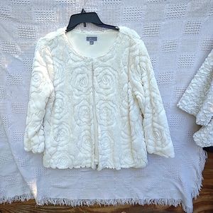 JM Collection faux fur jacket with sequin trim and rose brocade, size M/L